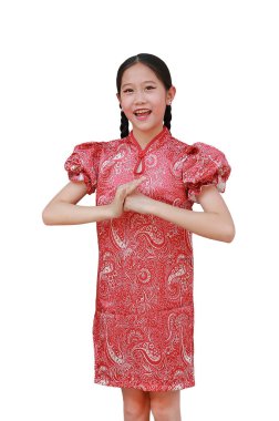 Geleneksel elbiseli mutlu Asyalı kız beyaz arka planda izole edilmiş. Çocuk Çin 'de yeni yılı kutluyor..