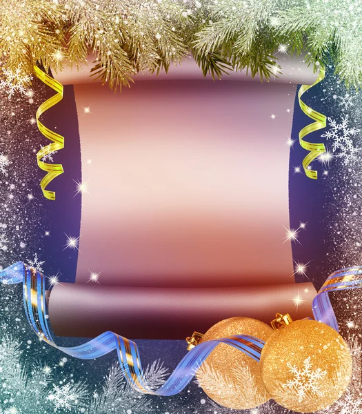 Old scroll, branches of the Christmas tree and streamers — Stock Photo, Image