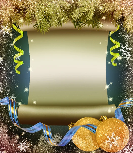 Alte Schriftrolle, Zweige des Weihnachtsbaums und Luftschlangen — Stockfoto