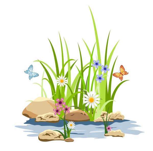Πράσινη χλόη και λουλούδια στους βράχους — Διανυσματικό Αρχείο