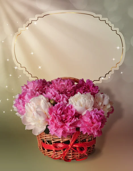 Postcard with a basket full of peonies — Stock Photo, Image