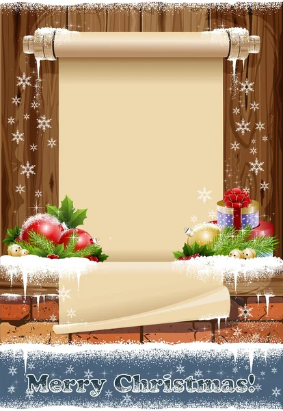 Fondo de Navidad con un rollo en la nieve — Foto de Stock