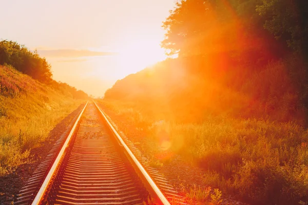 Railway Going Straight Ahead Through Summer Hilly Meadow To Sunset