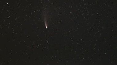 18 Temmuz 2020. Kuyruklu yıldız Neowise C20F3 in Night Starry Sky. Doğal Gece Gökyüzü Arkaplanı. 4K Zaman aşımı Zaman aşımı