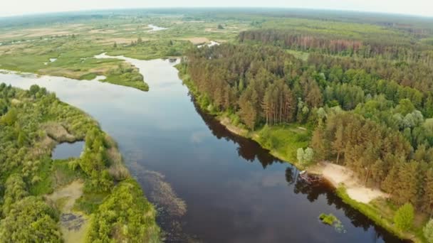 Aerial View Green Forest Woods And River Landscape In Summer Day. Top Pohled na krásnou evropskou přírodu z vysokého postoje na podzim. Drone View. Pohled z ptačího oka — Stock video