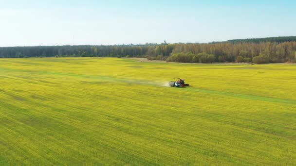 4K Légi Emelkedett Kilátás Kombinált Harvester és a traktor dolgozik együtt terepen. Olajos magvak betakarítása a tavaszi szezonban. Mezőgazdasági gépek összegyűjtése Rapeseeds Canola Colza Vidéki táj — Stock videók