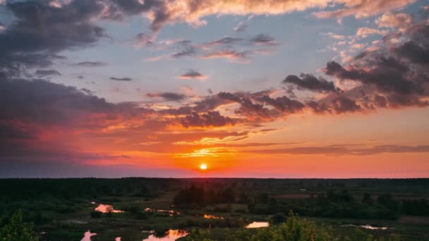 Amazing Sunrise Above Summer Forest And River Landscape. Scenic View Of Morning Sky With Rising Sun Above Forest. Early Summer Nature Of Europe. — Stock Video