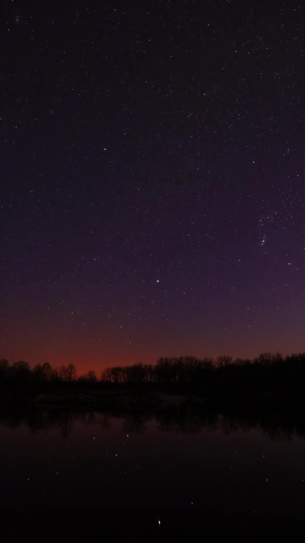 Lake River 'ın yukarısındaki gerçek renkli gece yıldızları. Doğal Yıldızlı Gökyüzü Arkaplanı. Zaman aşımı. Dikey çekim. Göl suyuna yansıyan parlayan yıldızlar. Doğal Yıldızlı Gökyüzü Arkaplanı — Stok video