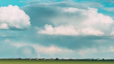 İlkbahar Yaz Bulutlu Gününde Genç Yeşil Buğday Filizleri ile Kırsal Alan Manzarası. Tarım Alanı. Young Wheat 4K zaman aşımına uğradı, zaman aşımı.