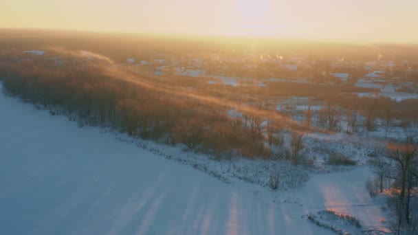Vista aérea Top Elavated View Winter Snowy Forest Landscape. Nubes ligeras de vapor que fluyen en el aire. Día soleado de invierno congelado. Mañana amanece — Vídeos de Stock