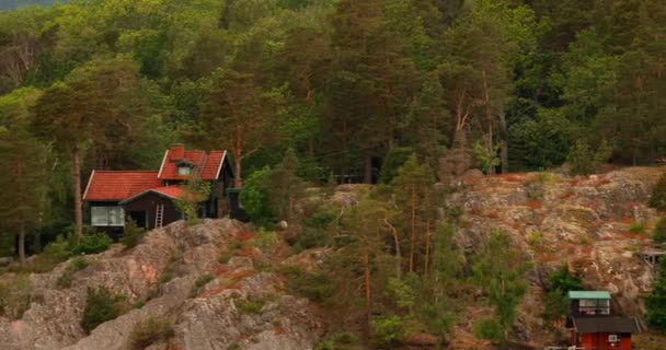 Swedish Wooden Sauna Log Cabin House On Island Coast In Summer Cloudy Day — Vídeo de Stock