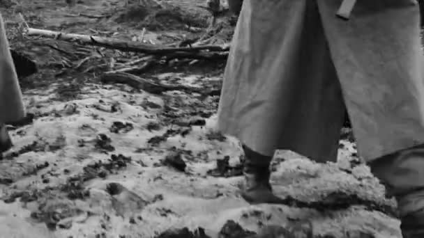 Historical Re-enactment. Reconstitutions Soldat d'infanterie allemand de la Wehrmacht pendant la Seconde Guerre mondiale marchant sur des troncs d'arbres carbonisés en cendres. Groupe de soldats marchant dans la forêt — Video