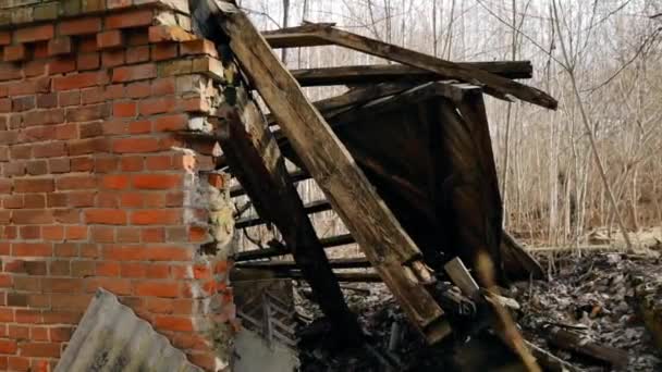 Vitryssland. Övergivna hus i Tjernobyls vidarebosättningszon. Katastroferna i Chornobyl. Dilapiderat hus i den vitryska byn. Hela byar måste kasseras — Stockvideo