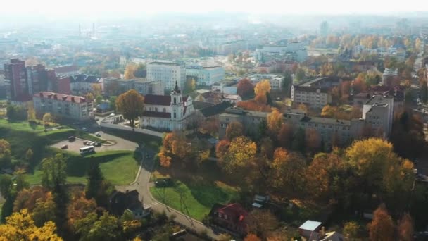 Grodno, Belarus. Aerial Birds-eye View Of Hrodna Cityscape Skyline. Franciscan Monastery - Church of the Virgin Mary In Sunny Autumn Day — Stock Video