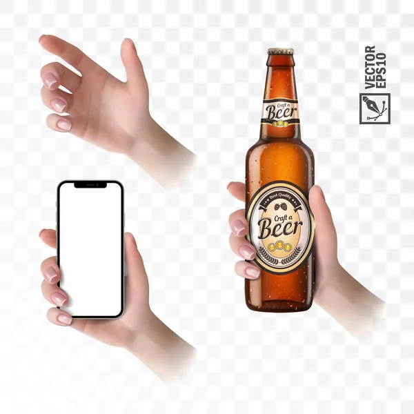 3d realist set vector mână exploatație telefon și sticlă de bere pentru publicitate — Vector de stoc