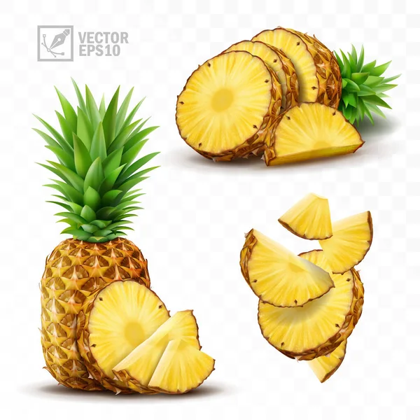 3d realistic isolated vector pineapple set, whole pineapple with leaves, falling pineapple slices and and pieces and a half — Stock Vector