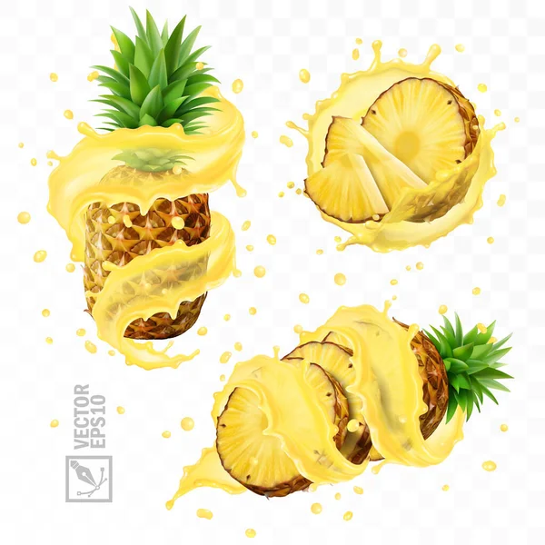 3D realistiska isolerade vektor uppsättning av ananas med juice stänk, hela ananas med blad och stänk, fallande ananas skivor i juice och bitar med en halv — Stock vektor