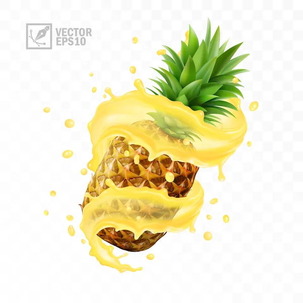 3d realistic isolated vector set of whole falling pineapple with juice splash — Stock Vector