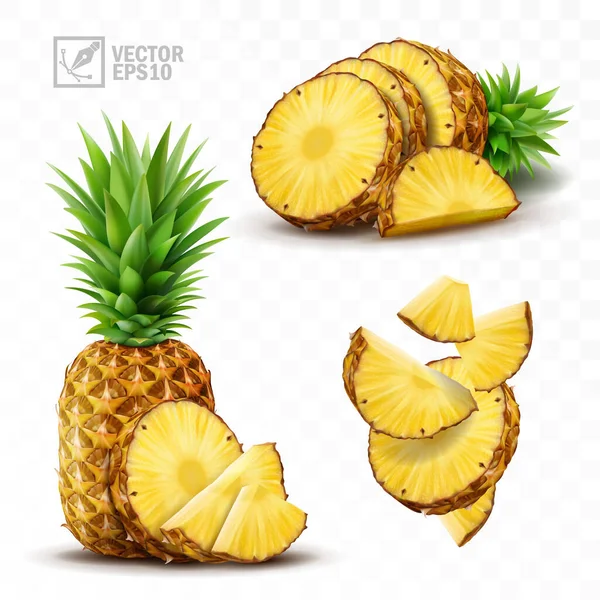 Ensemble d'ananas vecteur isolé réaliste 3d, ananas entier avec feuilles, tranches et morceaux d'ananas tombants et demi Illustration De Stock