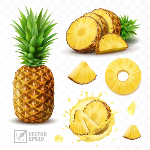 Ensemble vecteur isolé réaliste 3d d'ananas avec éclaboussures de jus, ananas entier avec feuilles et éclaboussures avec gouttes, tranches d'ananas tombantes dans le jus d'ananas et morceaux avec une moitié Vecteurs De Stock Libres De Droits