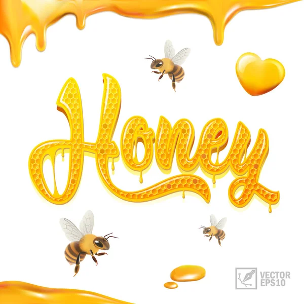 3d texte réaliste inscription miel avec abeilles volant autour et miel coulant Vecteurs De Stock Libres De Droits