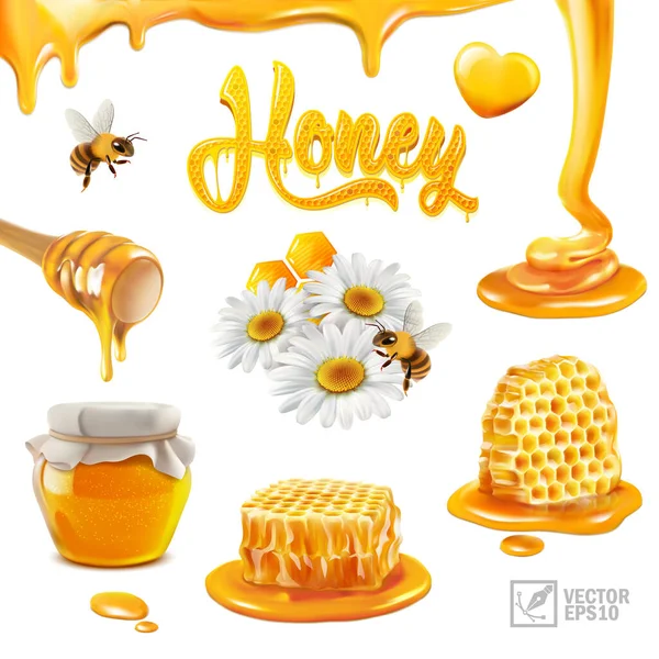 Ensemble vectoriel réaliste 3d avec miel, morceaux de nid d'abeille, abeille volante, fleurs de camomille, propolis, liquide coulant sur un bâton, flaques et gouttes de miel, une inscription texte sous la forme d'une ruche Vecteur En Vente