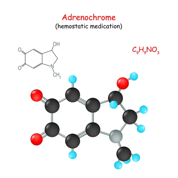 Adrenochrome 止血药物分子的化学结构公式和模型 病媒图解 — 图库矢量图片