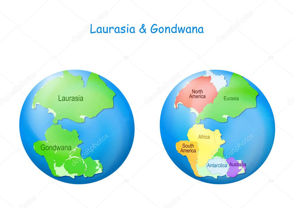 globe with Laurasia and Gondwana, continental borders, and ocean Tethys. Gondwana and Laurasia formed the Pangaea supercontinent. Maps. Continental drift theory. planet Earth millions years ago. vector illustration for education