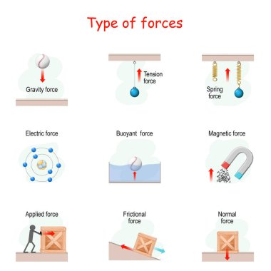 Types of force. set icons. poster for children about physics. vector illustration. collection of clip art elements for Educational use. clipart