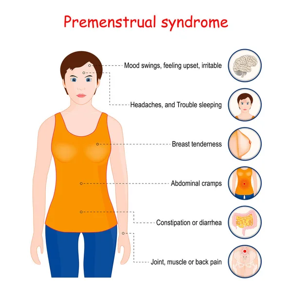 Síndrome Pré Menstrual Pms Sintomas Emocionais Físicos Ilustração Vetorial —  Vetores de Stock
