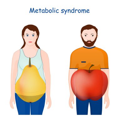 Metabolic syndrome. symptoms. apple-shaped adiposity for male, and pear body shapes for female. Vector illustration clipart