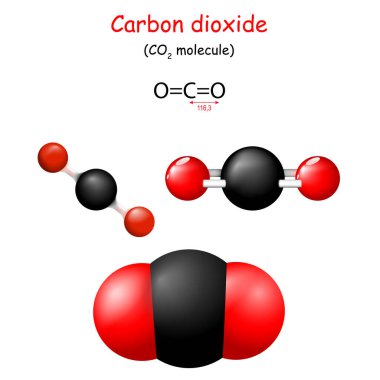 Karbondioksit. CO2 'nin Yapısal Kimyasal Formülü. Molekül modeli. Kimya. Eğitim için poster. Simgeleri ayarlayın. Vektör