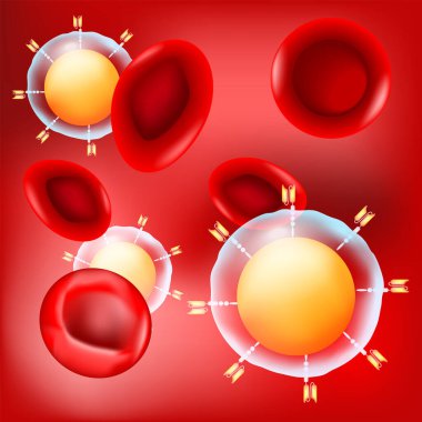 Kırmızı arka planda araç T-hücresi ve kırmızı kan hücreleri. 