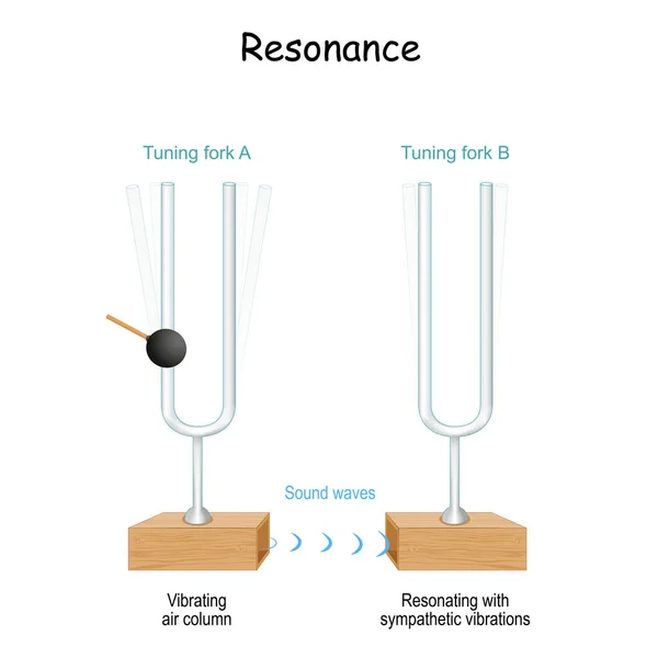 共鳴だ 振動を反映したチューニングフォーク 一方のチューニングフォークが打たれると もう一方のチューニングフォークも共振して振動します 実験だ 音波音響 ベクターイラスト — ストックベクタ