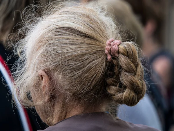 Older Woman Grayish Red Hair Entangled Bun — Stock Photo, Image
