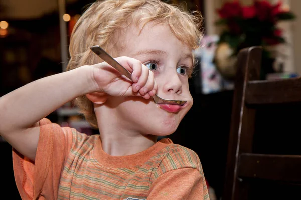 Little Boy Eating Soup — Stock Photo, Image