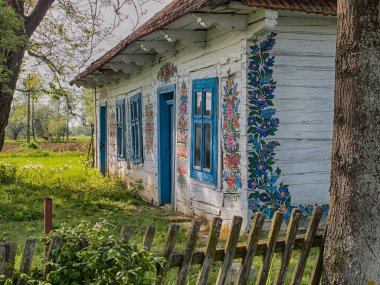 Zalipie, Polonya - 20 Mayıs 2017: Zalipie köyünde mavi çerçeveli ve renkli çiçekli ev
