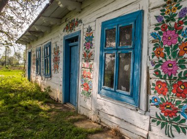Zalipie, Polonya - 20 Mayıs 2017: Zalipie köyünde mavi çerçeveli ve renkli çiçekli ev