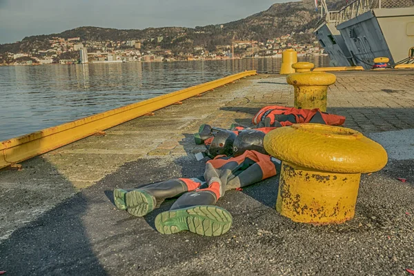 挪威卑尔根 2017年2月11日 卑尔根港岸边的黄色系泊杆和峡湾景观 — 图库照片