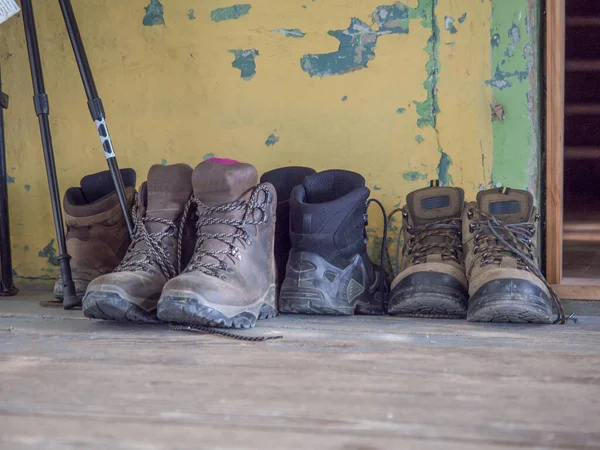 Trekking Shoes Wooden Floor Summer Time — Stock Photo, Image