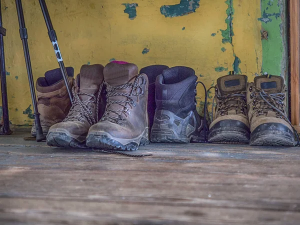 Trekking Shoes Wooden Floor Summer Time — Stock Photo, Image