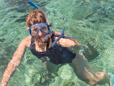 Turkuaz denizde şnorkelle yüzen bir kadın ve elinde mavi deniz yıldızı, Yedi Ada, Seram Adası, Endonezya