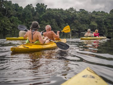 Jungle, Brezilya - 07 Aralık 2017: Amazon ormanında nehirden aşağı akan bir grup kanocu