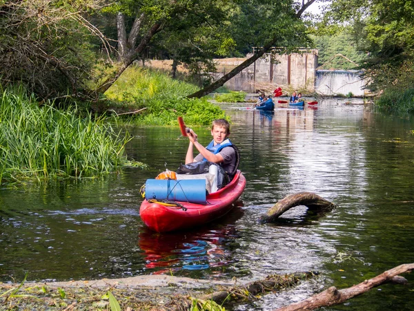 Le groupe de kayaks descendant la rivière entre les arbres renversés — Photo