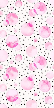 Suluboya baloncukları pürüzsüz desen. Çemberler ve küçük el çizilmiş noktalarla soyut arkaplan.