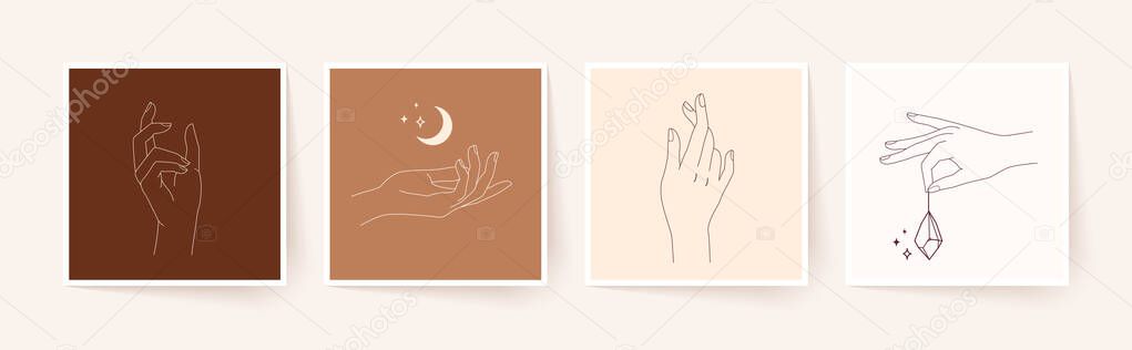 Set of female hands in minimal linear style. Modern single line art. Vector illustration, EPS 10