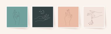 En az çizgisel tarzda kadın eli seti. Modern tek satır sanatı. Vektör illüstrasyonu, EPS 10