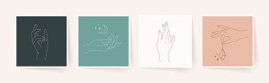 En az çizgisel tarzda kadın eli seti. Modern tek satır sanatı. Vektör illüstrasyonu, EPS 10