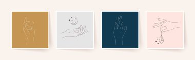 En az çizgisel tarzda kadın eli seti. Modern tek satır sanatı. Vektör illüstrasyonu, EPS 10