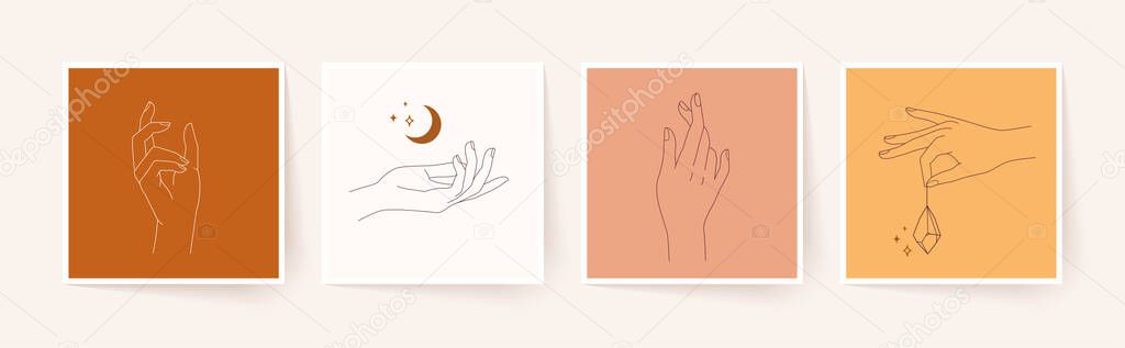 Set of female hands in minimal linear style. Modern single line art. Vector illustration, EPS 10